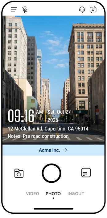 Timemark camera capturing a jobsite photo with verified time, GPS and address burned in