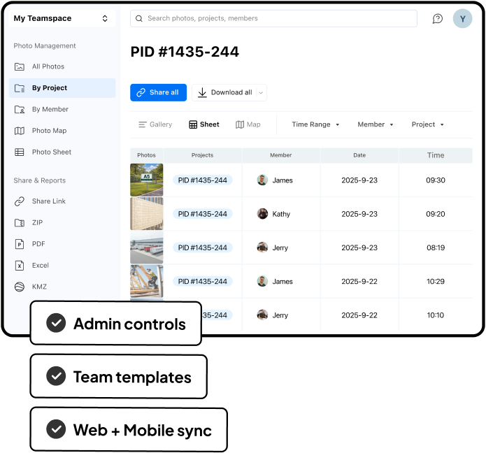 Timemark Teamspace dashboard with photo sheet, projects and members, plus admin controls, team templates and web and mobile sync