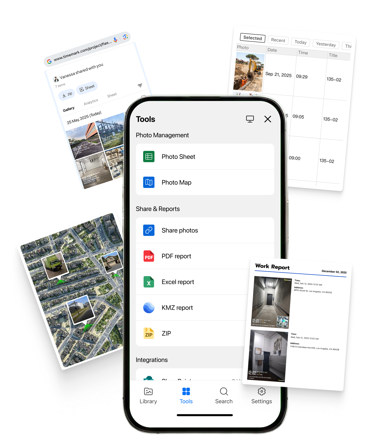 Timemark Tools panel with Photo Sheet, Photo Map, share links and PDF, Excel, KMZ and ZIP report exports
