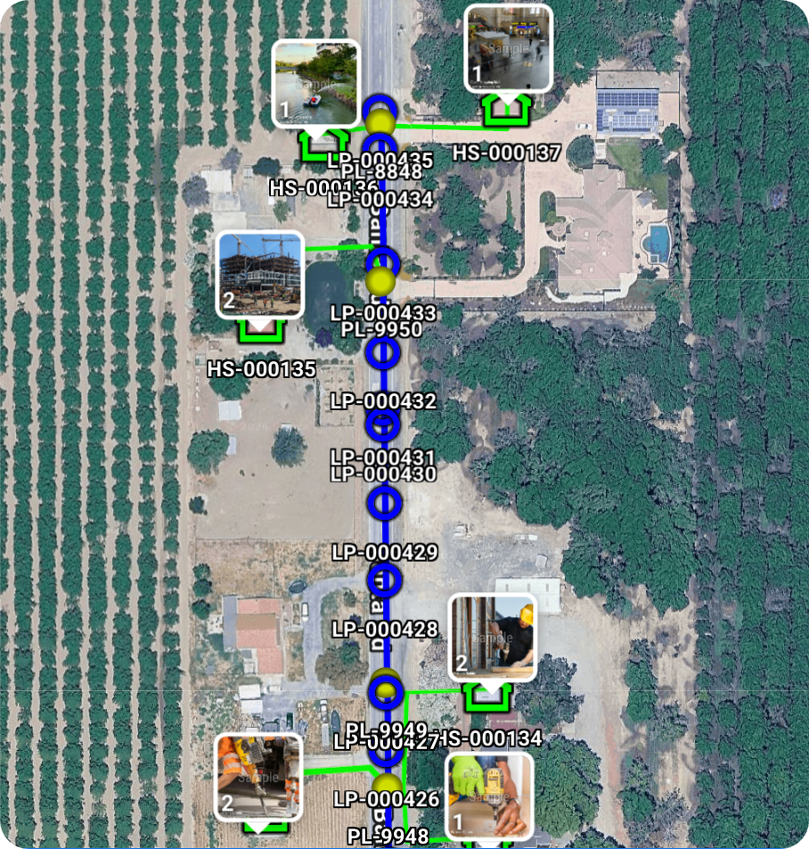 Timemark photo map showing geotagged jobsite photos pinned across San Francisco and Oakland sites